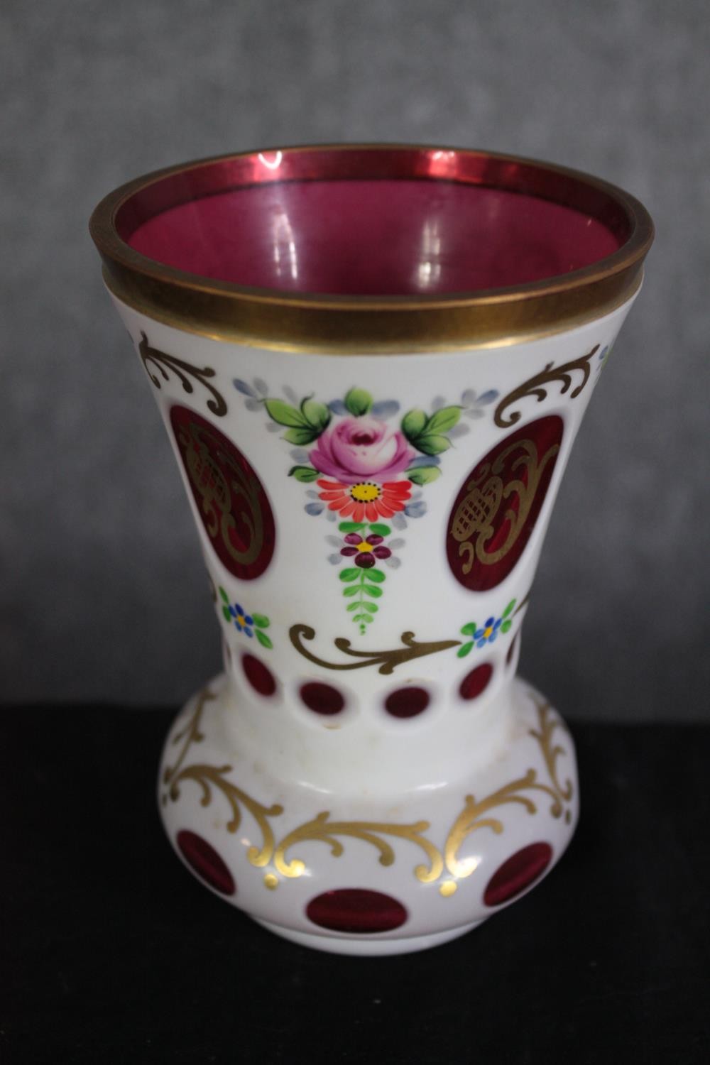 Two milk glass vases with gilt edging and floral decoration. One Bohemian cameo glass with cranberry - Image 2 of 7