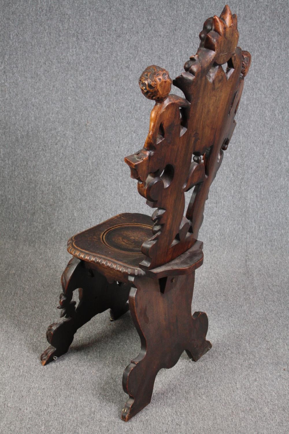 Hall chair, 19th century Italian Sgabello, carved walnut. H.123cm. - Image 6 of 7