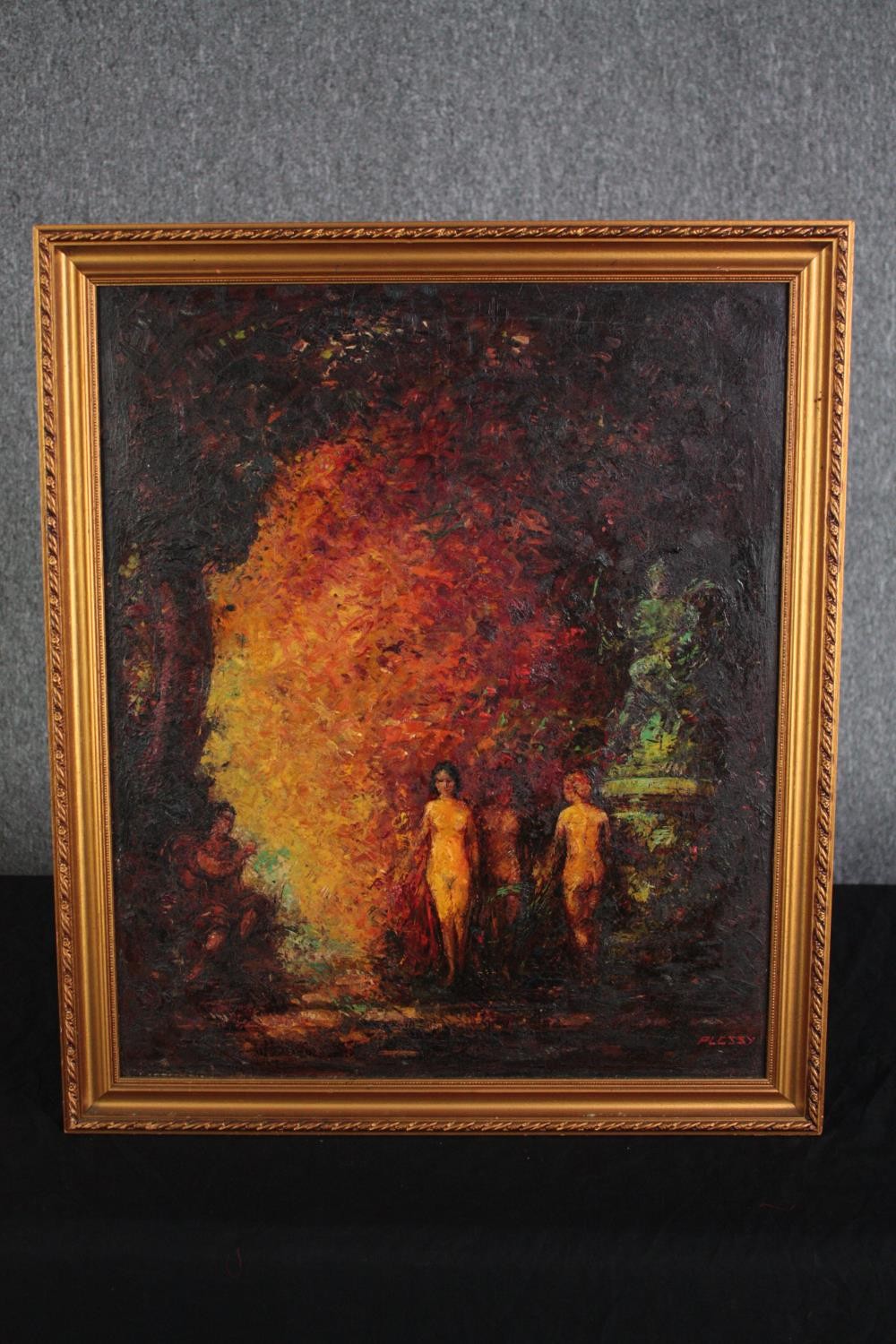 Oil painting on board. Female nudes. Signed 'Plessy' bottom right. Framed. H.61 W.53 cm. - Image 2 of 4