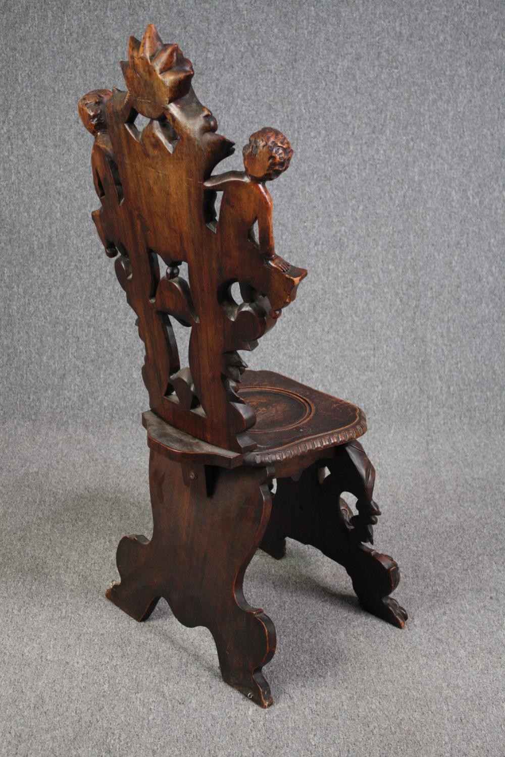 Hall chair, 19th century Italian Sgabello, carved walnut. H.123cm. - Image 4 of 7