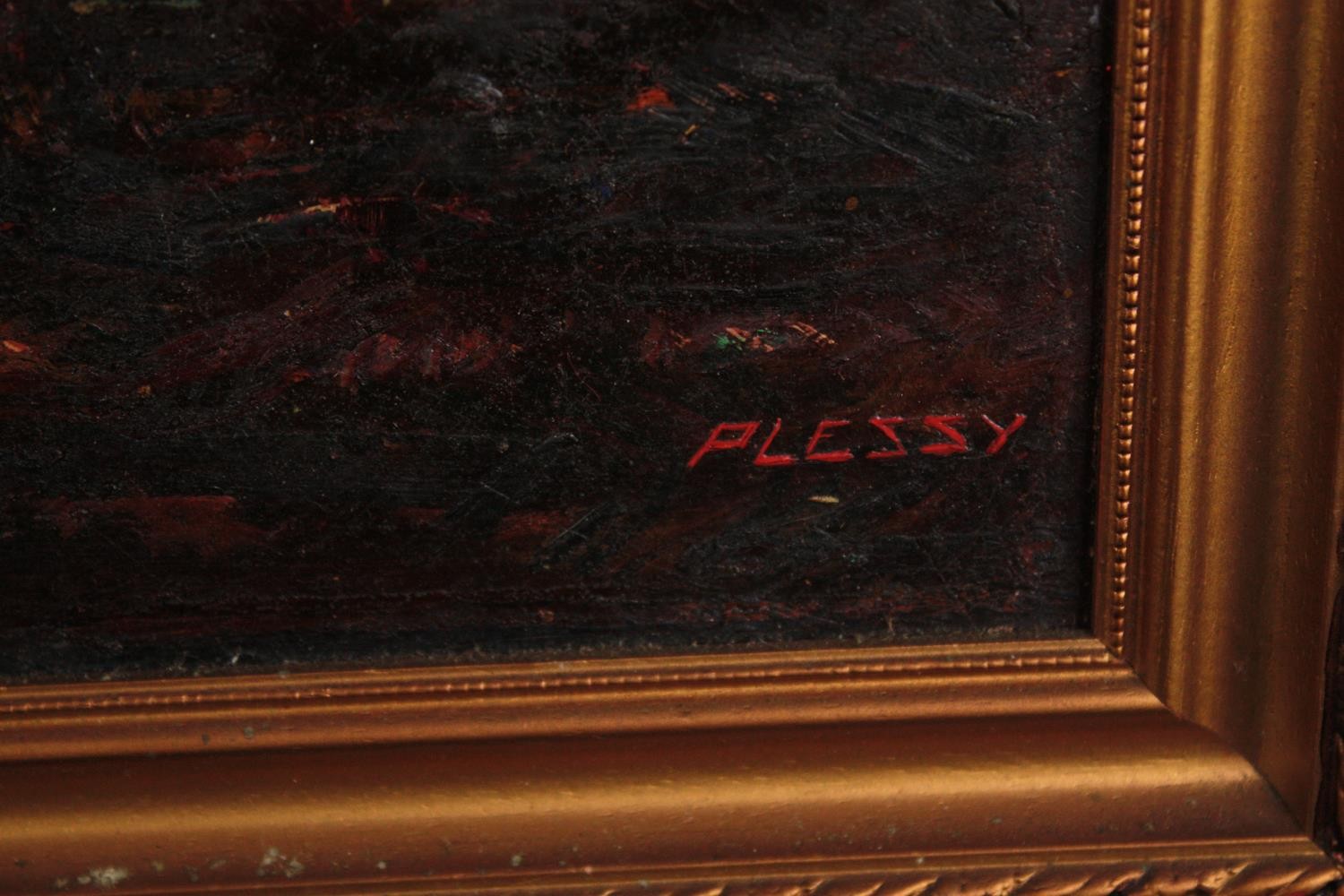 Oil painting on board. Female nudes. Signed 'Plessy' bottom right. Framed. H.61 W.53 cm. - Image 3 of 4