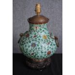A Chinese cloisonne enamel twin handled vase converted into a lamp. With two brass handles.