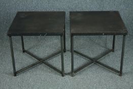 A pair of industrial style metal occasional or lamp tables. H.43 W.46 D.46cm. (each)