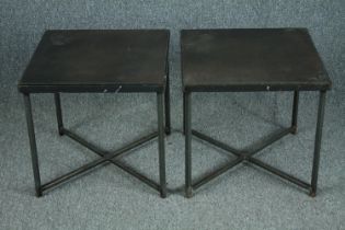 A pair of industrial style metal occasional or lamp tables. H.43 W.46 D.46cm. (each)