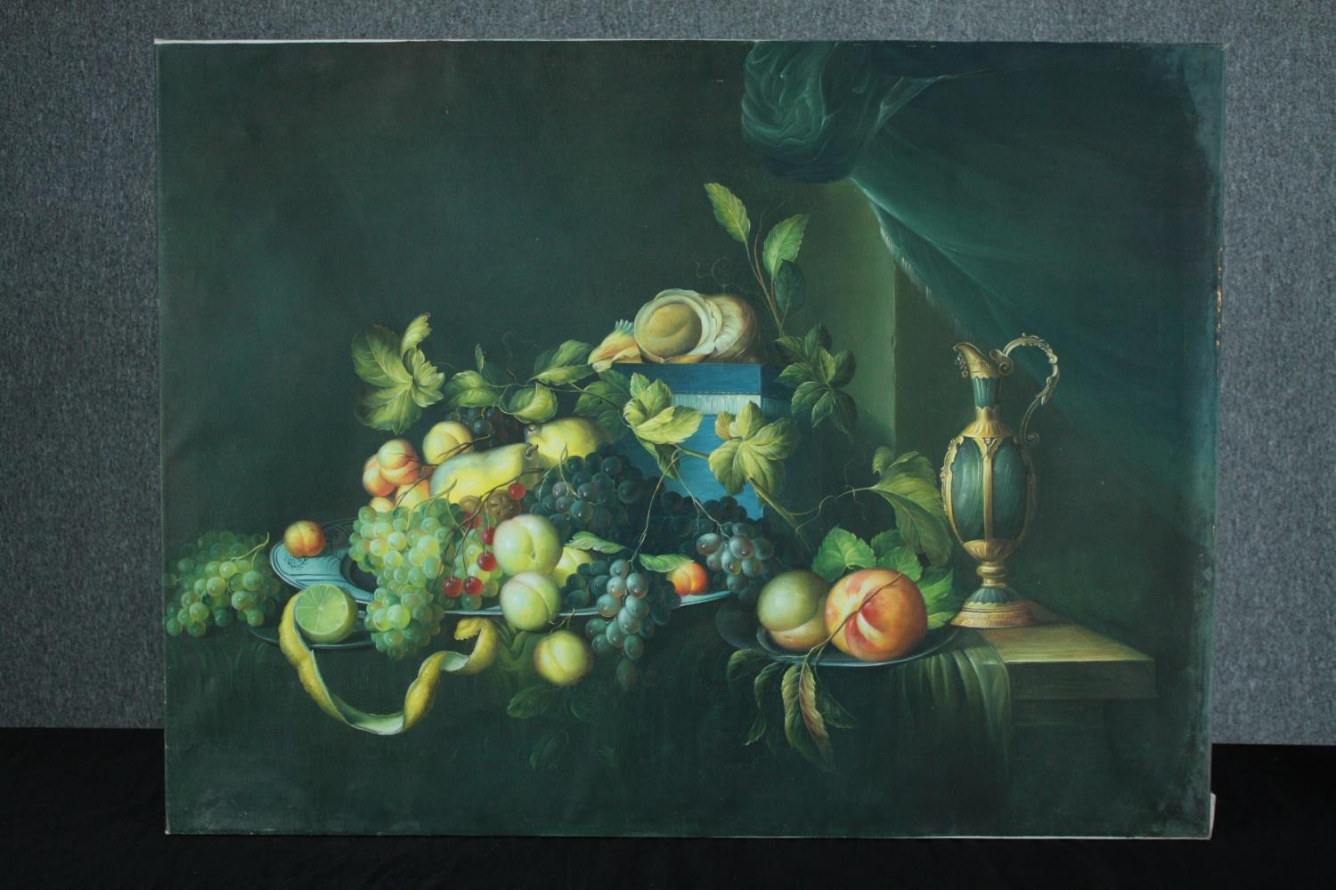 Oil painting on canvas. Still life. Fruit and a jug. Unsigned. H.77 W.102 cm. - Image 2 of 3