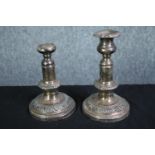 Two silver plated telescopic candlesticks. Early twentieth century. H.24cm. (extended)