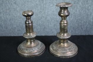 Two silver plated telescopic candlesticks. Early twentieth century. H.24cm. (extended)