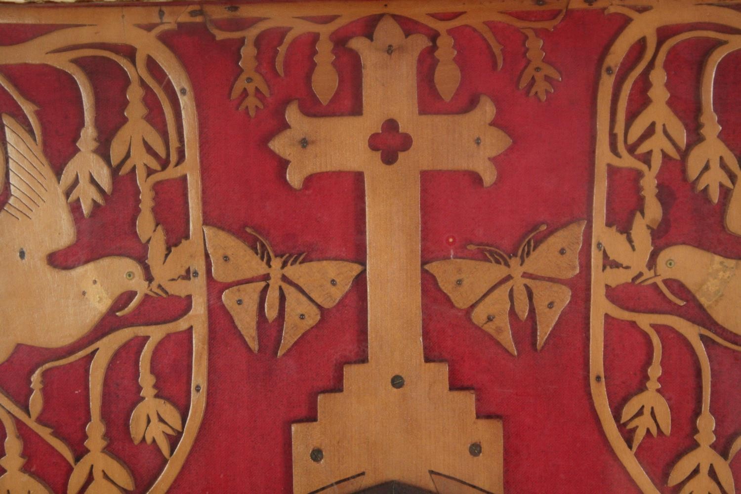 The Lord's Pray carved and mounted behind a red cloth. Framed and illuminated. H.132 W.53cm. - Image 3 of 6