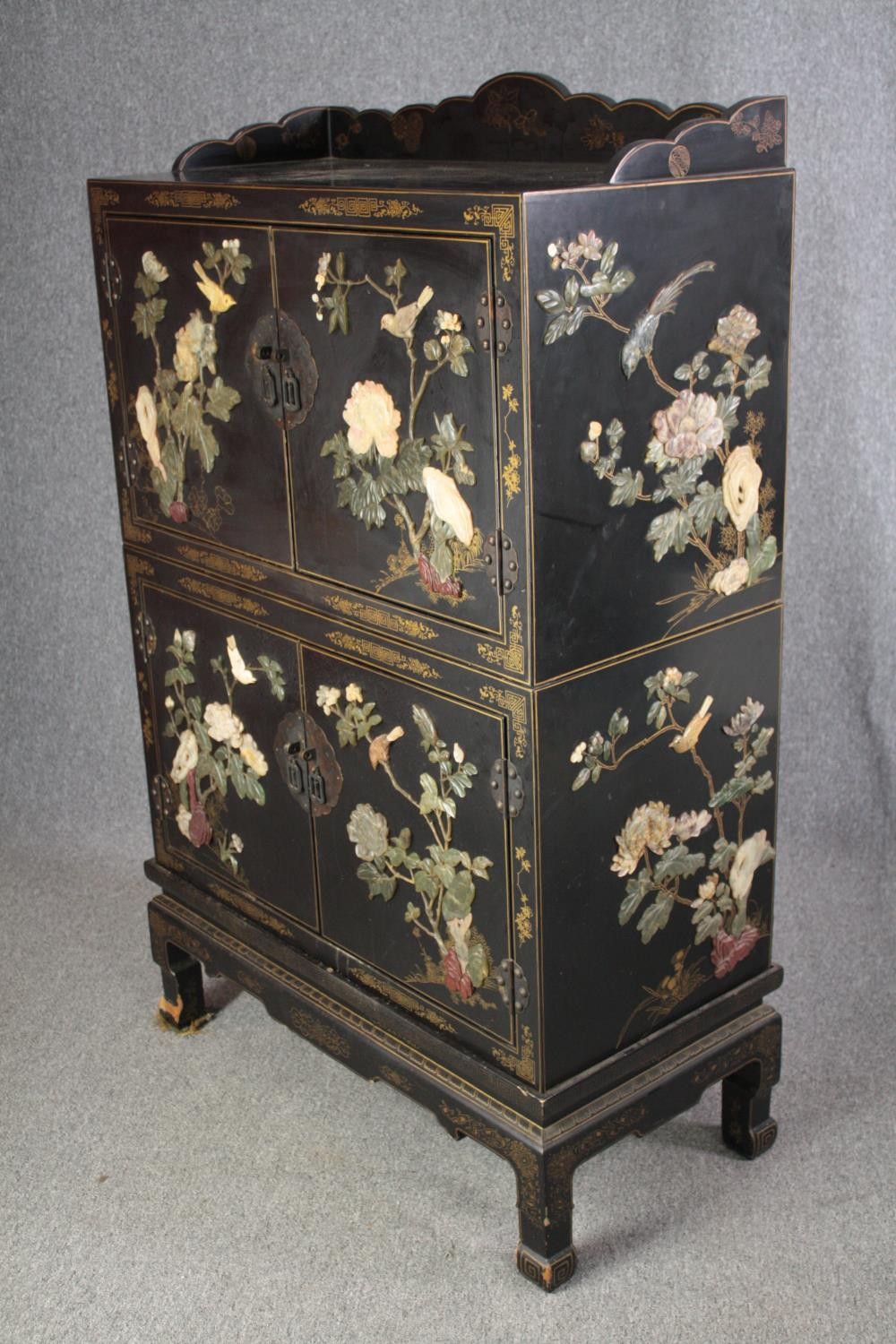 Cabinet, Chinese lacquered with allover applied decoration, in two sections. H.150 W.91 W.47cm. - Image 3 of 7