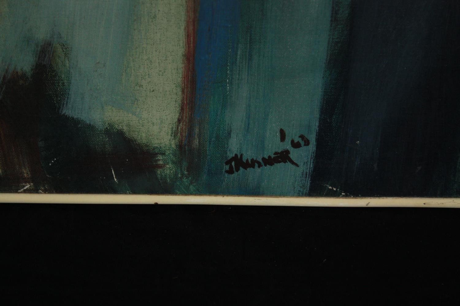 Oil painting on canvas. Dated 1963 and signed indistinctly bottom right. Abstract. Framed. H.78 W. - Image 3 of 4