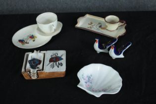 A collection of Mid century ceramics and porcelain, including a pair of Russian stylised bird salt