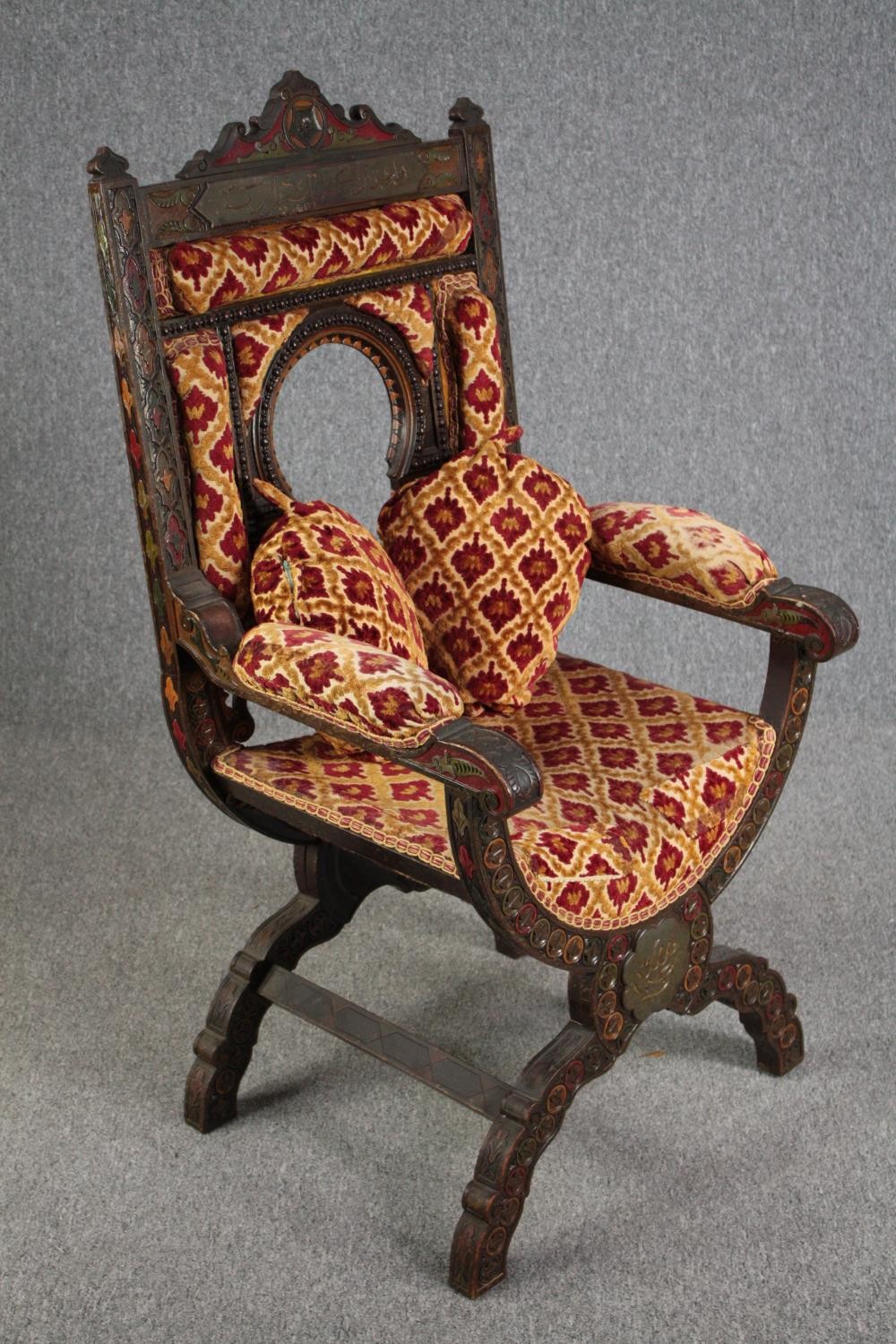 Throne chair, late 19th century polychrome of Eastern influence, signed or inscribed to the front. - Image 2 of 8
