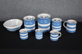 A collection of Cornish kitchenware made up of four lidded pots, a jug and bowl. H.18 Dia.14cm. (