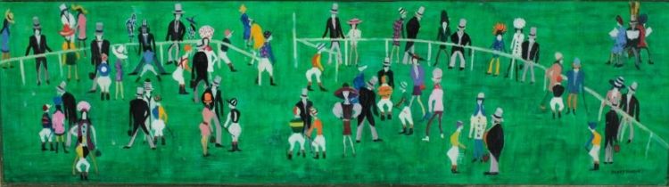 Henry Harvey. Oil painting on board. In the style of Lowry. Newmarket racecourse. Signed lower