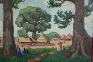 Pierre Castagnez (French 1898 - 1951). African village scene. H.43 W.57cm.