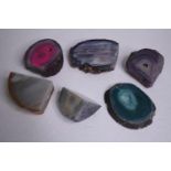 A collection of six Agate geodes and slices, some dyed. H.10 W.14cm. (largest)