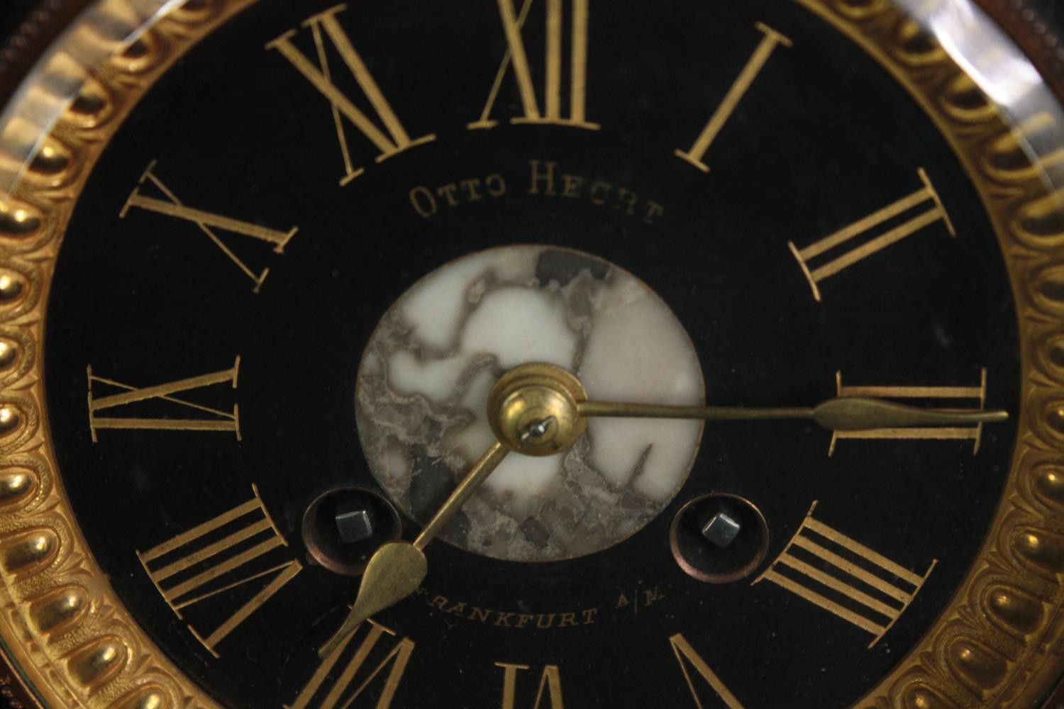 A late 19th century slate and marble mantle clock. Otto Hecht, Frankfurt. H.24 W.24 D.14cm. - Image 4 of 6