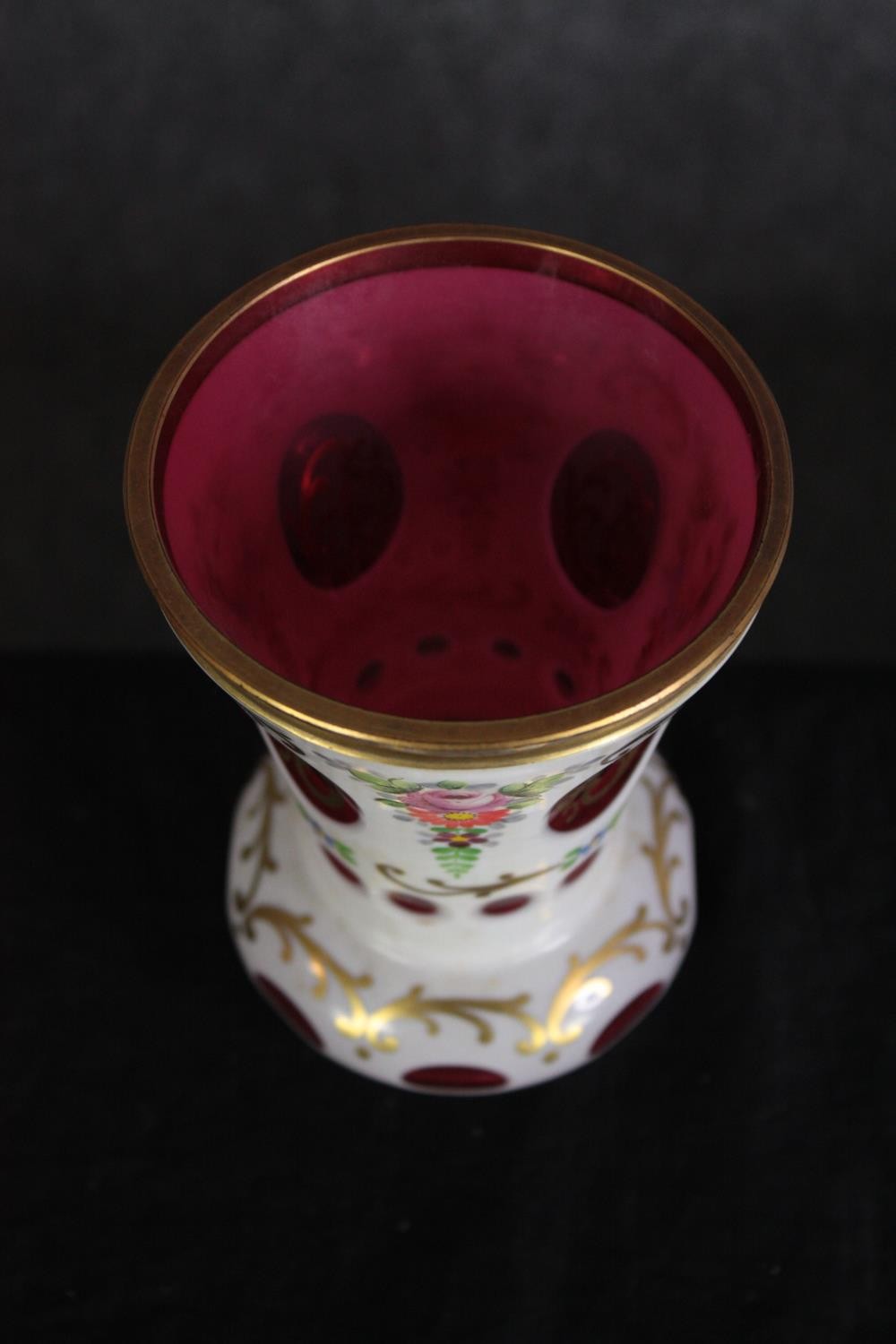 Two milk glass vases with gilt edging and floral decoration. One Bohemian cameo glass with cranberry - Image 3 of 7