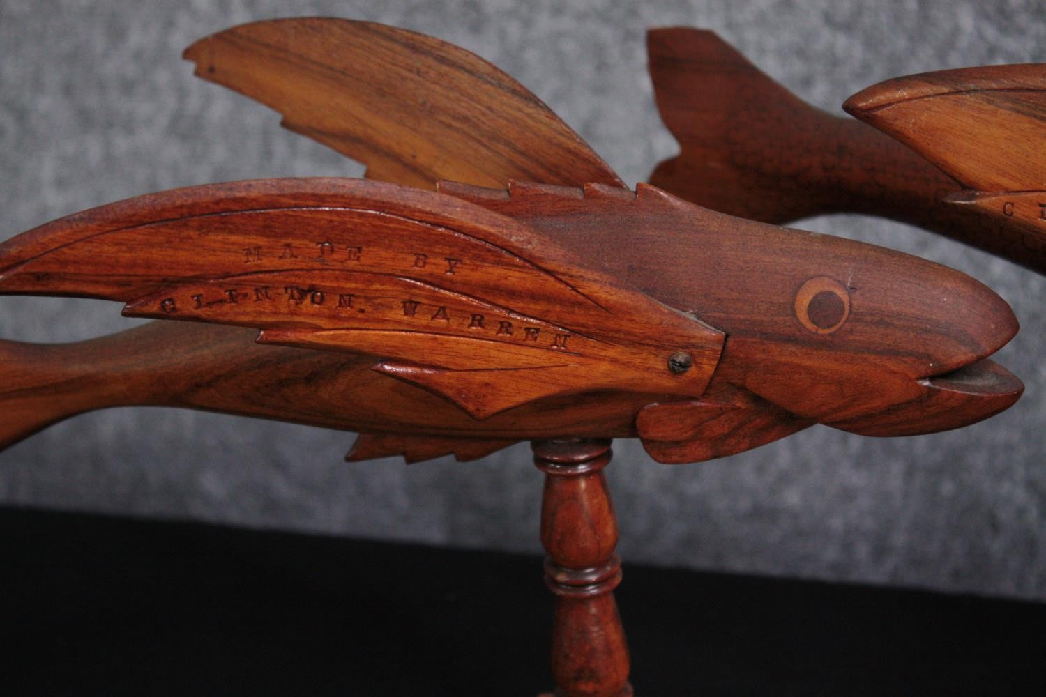 Two carved fish ornaments. Three fish mounted on a wooden stand, stamped Made by Clinton Warren, the - Image 5 of 8