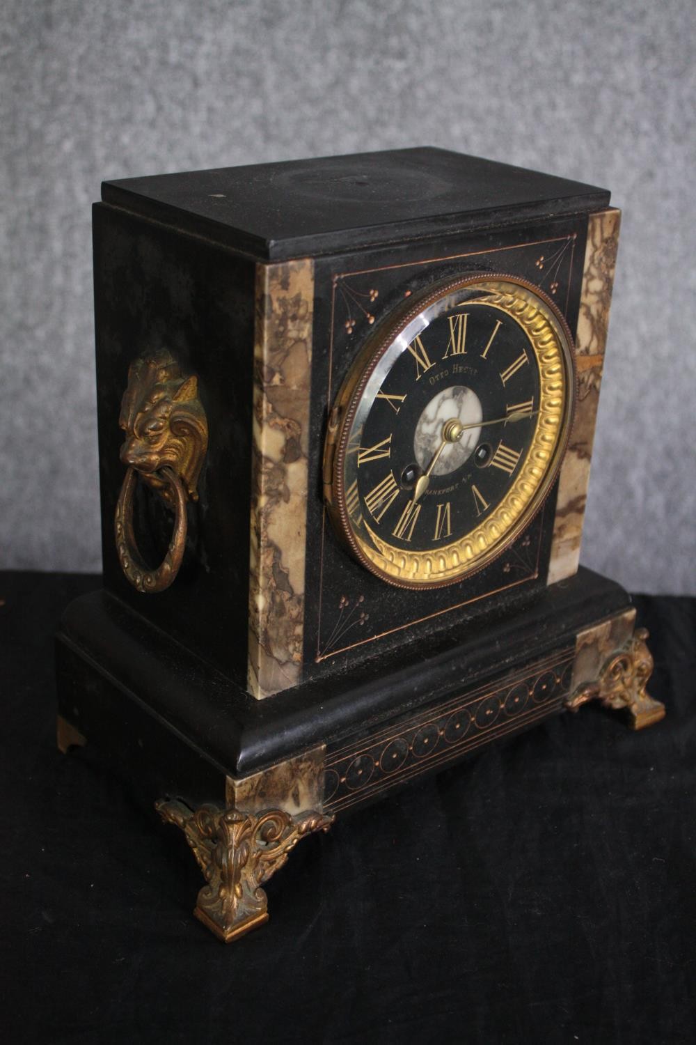 A late 19th century slate and marble mantle clock. Otto Hecht, Frankfurt. H.24 W.24 D.14cm. - Image 3 of 6