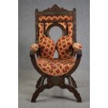 Throne chair, late 19th century polychrome of Eastern influence, signed or inscribed to the front.