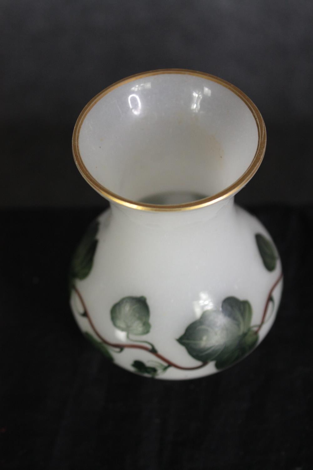 Two milk glass vases with gilt edging and floral decoration. One Bohemian cameo glass with cranberry - Image 6 of 7