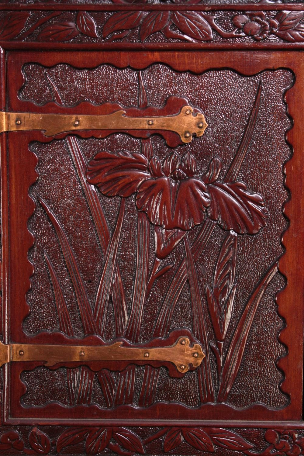 An Japanese carved wall mounted cabinet with Iris and Chrysanthemums. H.65 W.34 D.16cm. - Image 2 of 5