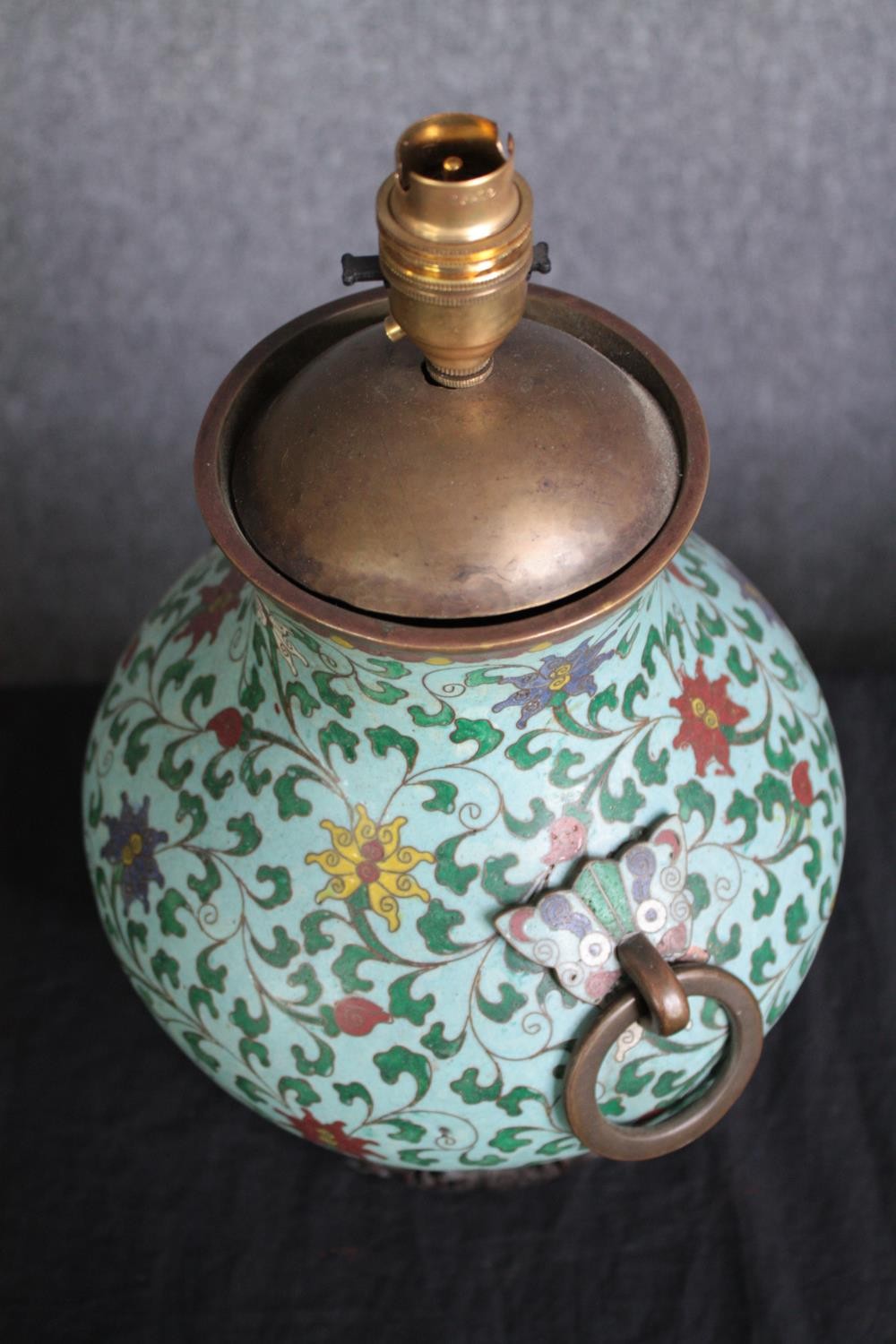 A Chinese cloisonne enamel twin handled vase converted into a lamp. With two brass handles. - Image 3 of 3