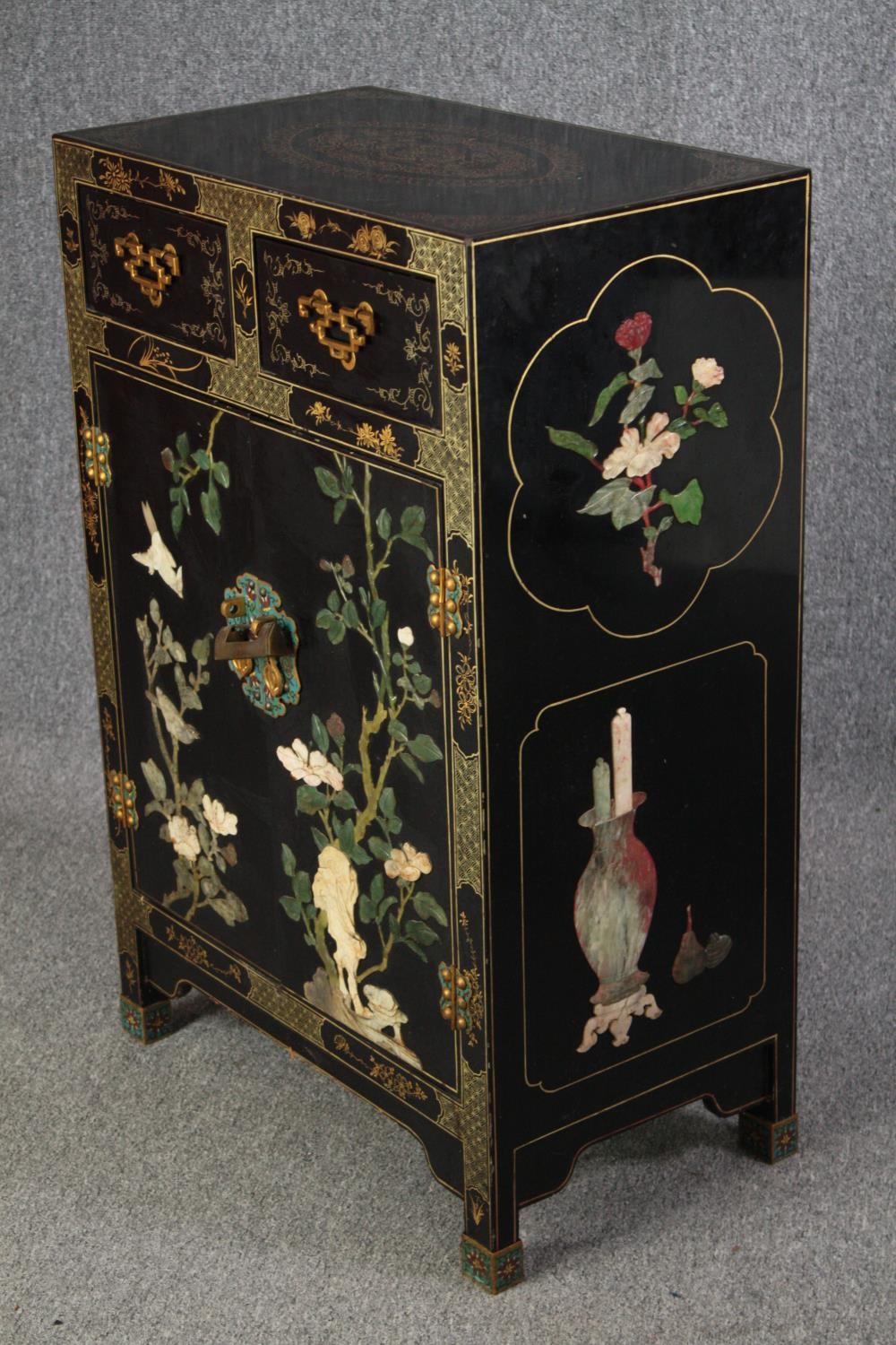 Cabinet, Chinese lacquered with applied decoration. H.91 W.61 D.36cm. - Image 3 of 5