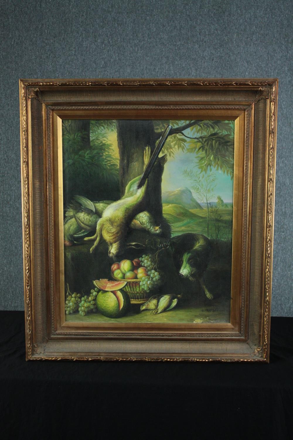 Oil painting on canvas. A hunting dog with game and fruits. Unsigned. Twentieth century. H.85 W. - Image 2 of 3