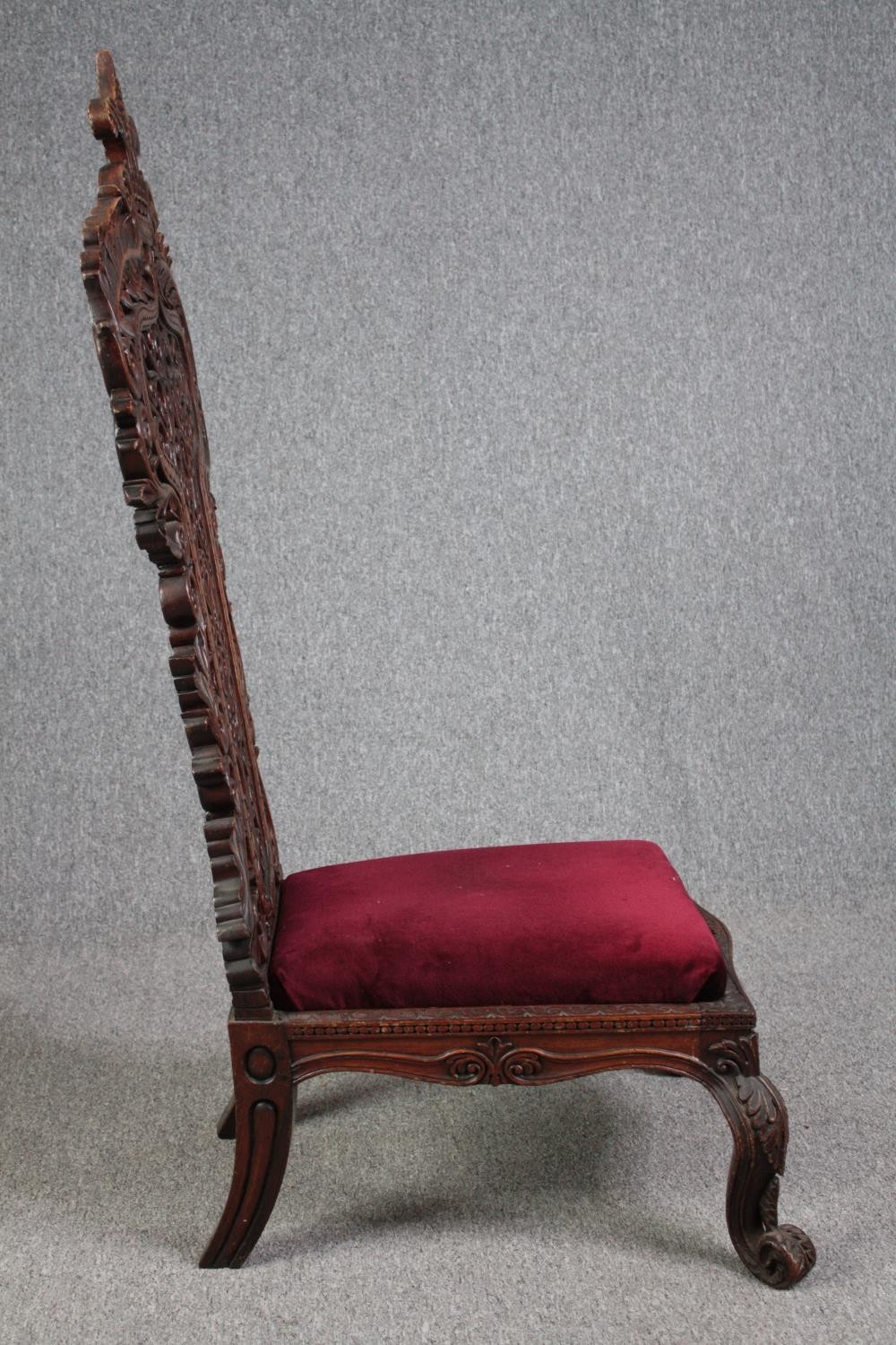 Side chair, 19th century Burmese carved hardwood. H.128cm. - Image 4 of 9