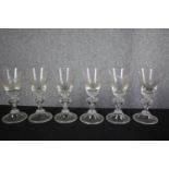 Six sherry glasses with etched game decoration. Nineteenth century. H.18cm. (each)