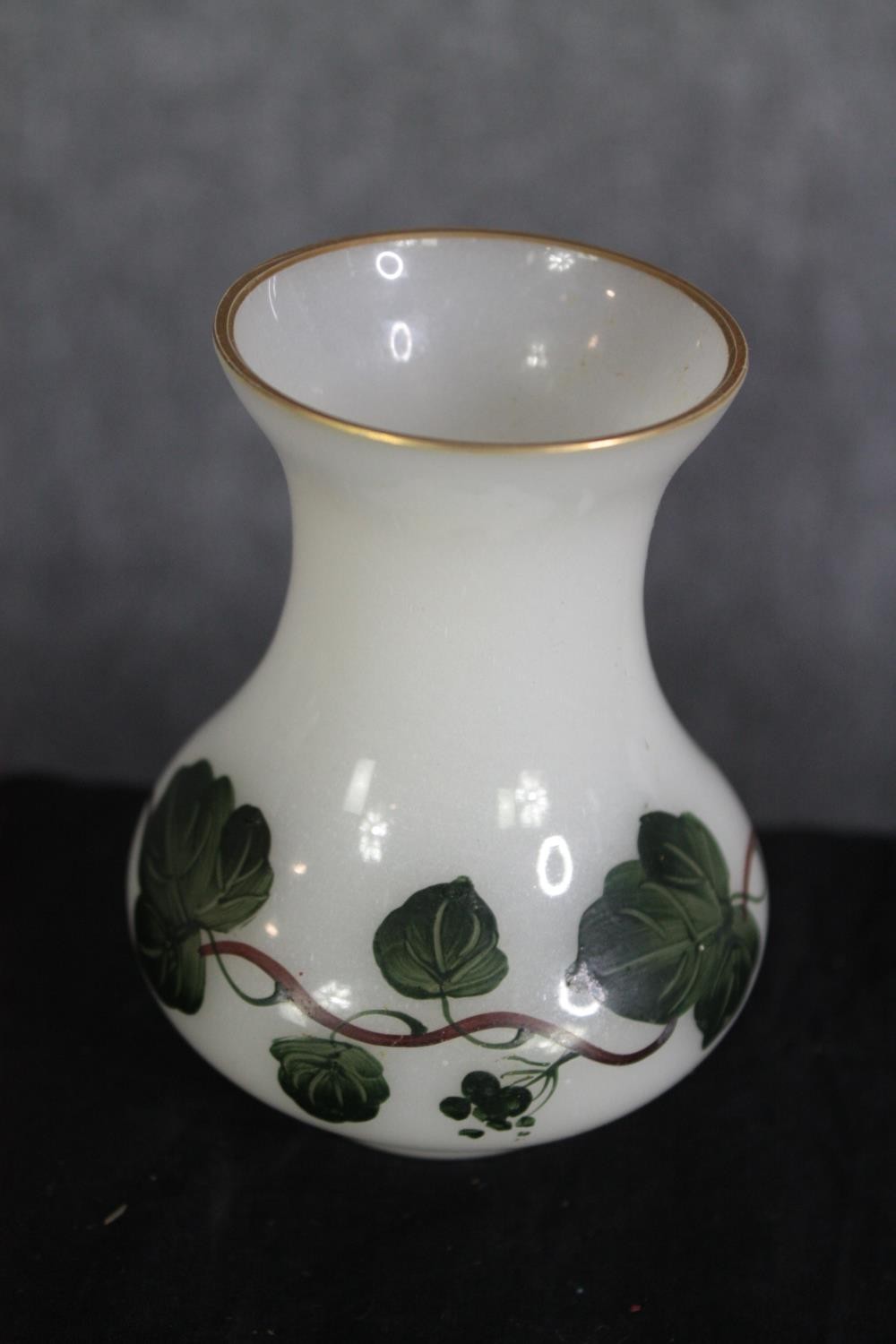 Two milk glass vases with gilt edging and floral decoration. One Bohemian cameo glass with cranberry - Image 4 of 7