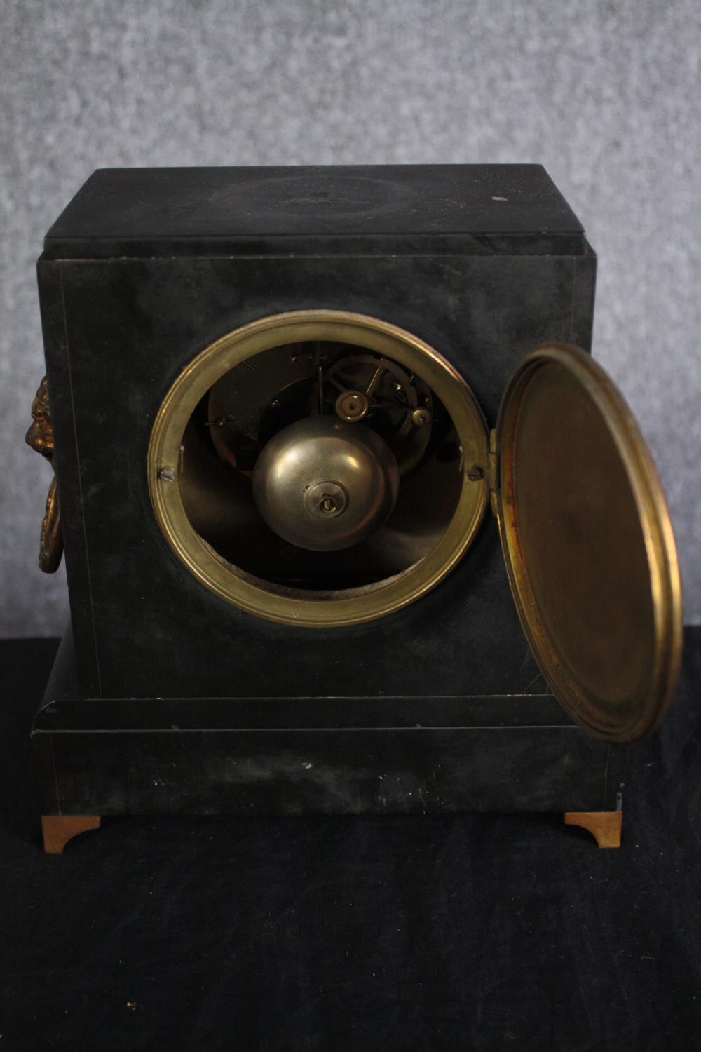 A late 19th century slate and marble mantle clock. Otto Hecht, Frankfurt. H.24 W.24 D.14cm. - Image 5 of 6