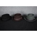 Three woollen pork Pie hats. Size medium.