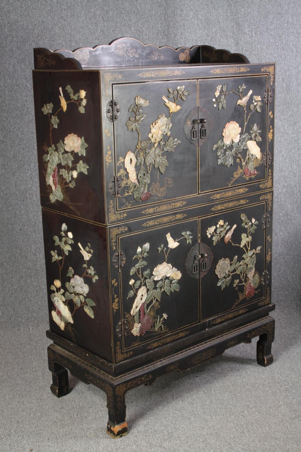 Cabinet, Chinese lacquered with allover applied decoration, in two sections. H.150 W.91 W.47cm. - Image 2 of 7