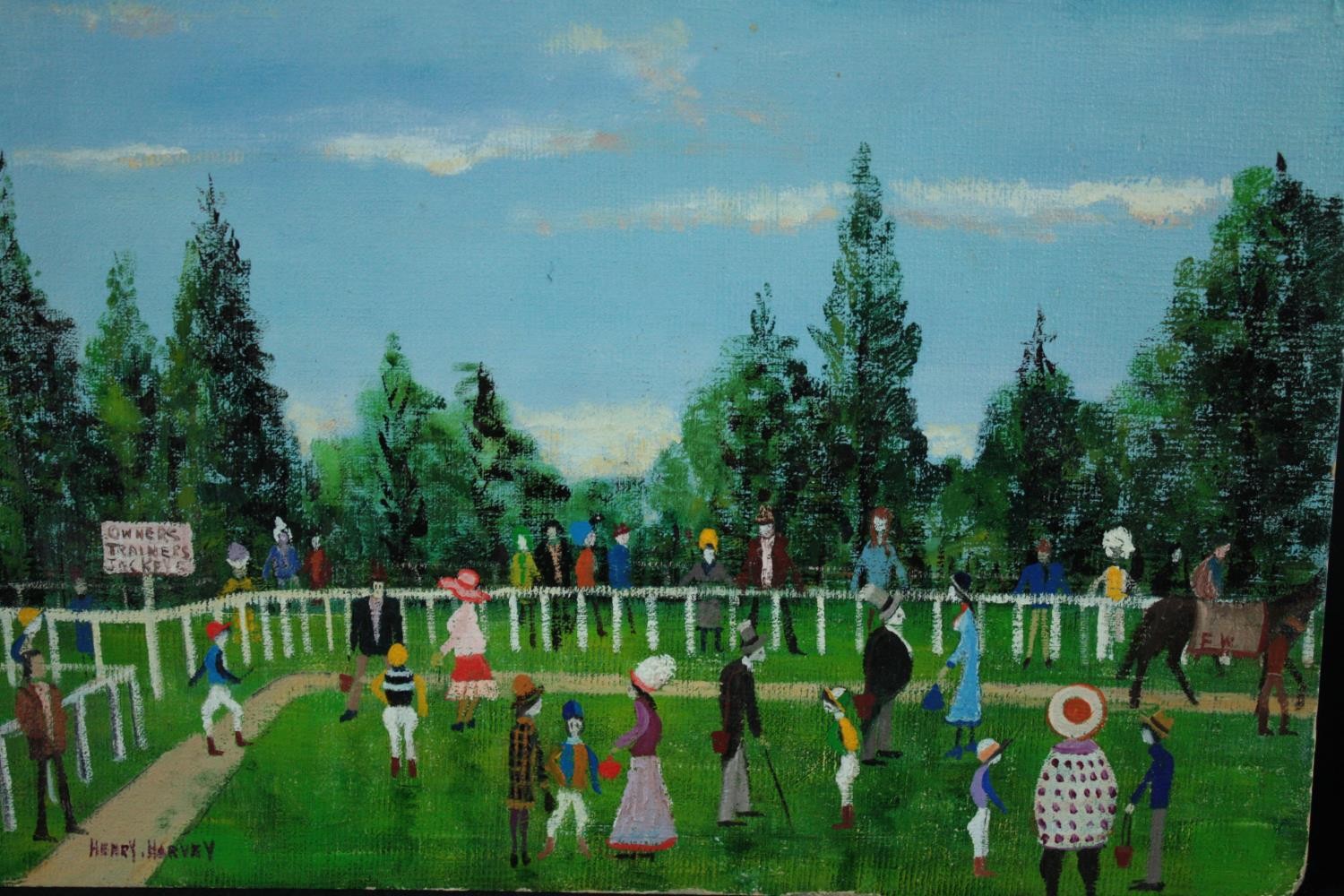 Henry Harvey. Oil paintings on board. Titled on the back 'The Paddock'. A Newmarket horse racing - Image 2 of 6