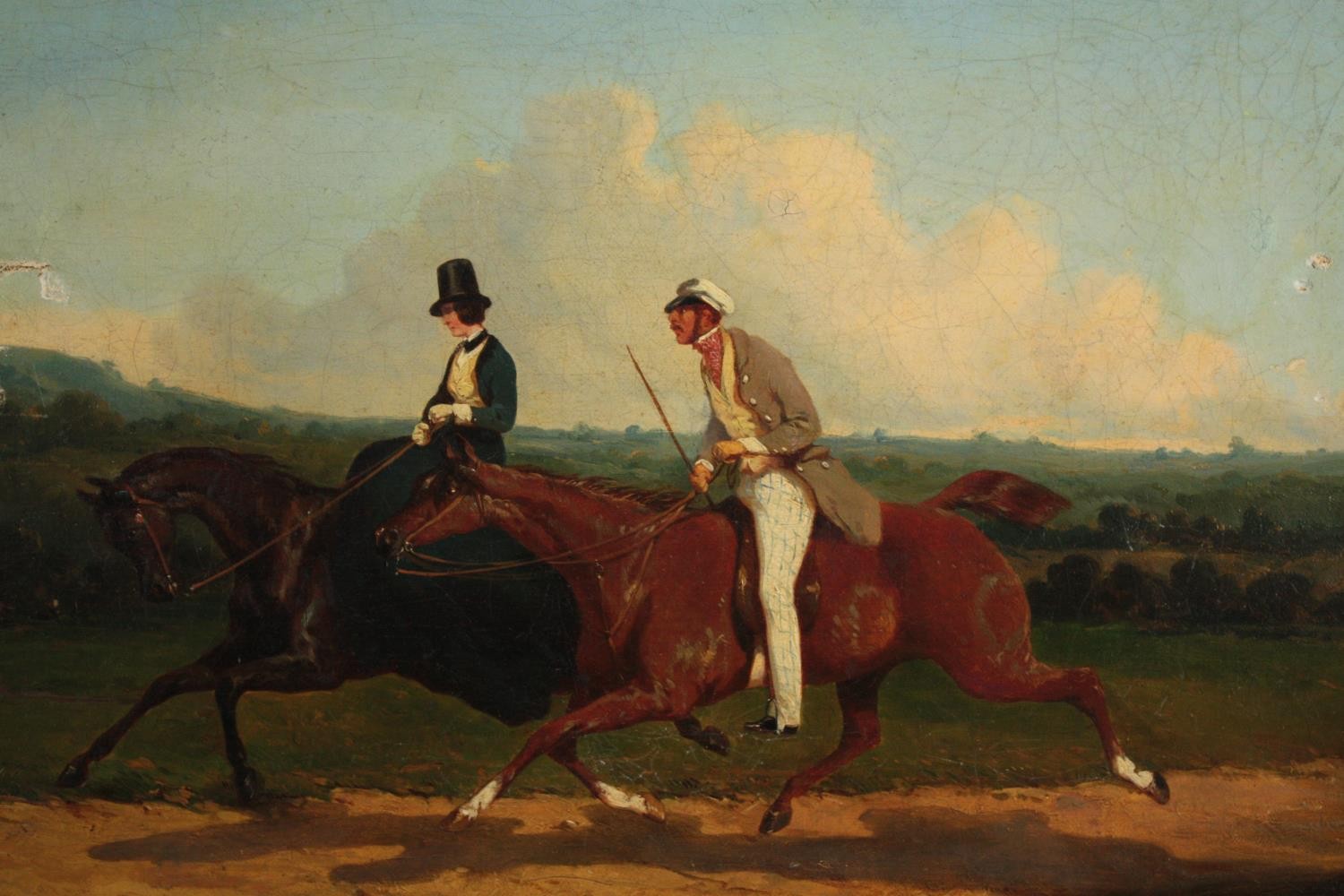 Oil painting on canvas. A riding scene. An interesting composition showing one rider at full pelt