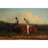 Oil painting on canvas. A riding scene. An interesting composition showing one rider at full pelt