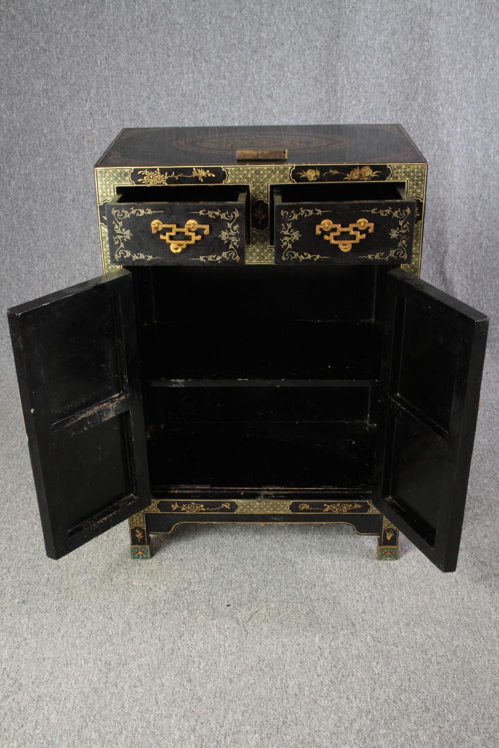 Cabinet, Chinese lacquered with applied decoration. H.91 W.61 D.36cm. - Image 4 of 5