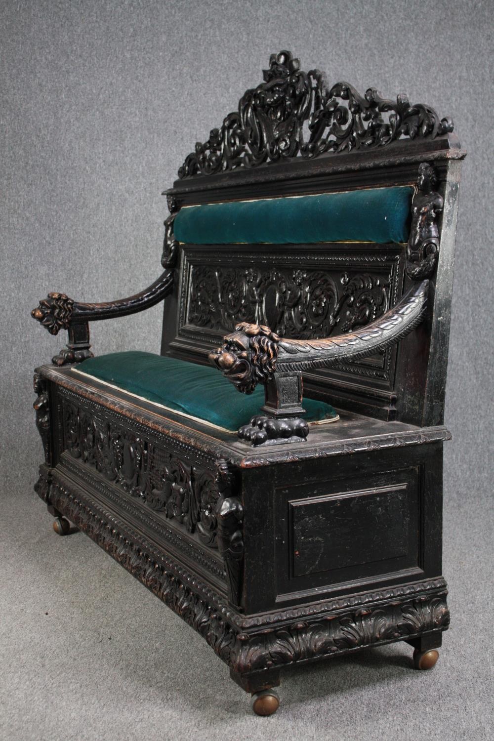 Cassapanca bench, 19th century carved oak Italian style. H.150 W.162 D.52cm. - Image 3 of 9