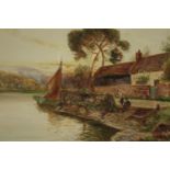 Daniel Sherrin (1869–1940). Watercolour. Riverside scene. Signed lower right. In a gilt decorated