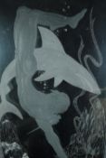 An etched Perspex artwork featuring a man and shark in a custom frame. H.102 W.65cm.