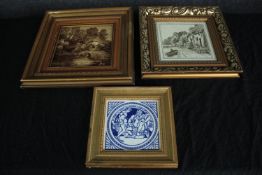 John Moyr Smith. Three Mintons tiles including scenes from Shakespeare and two landscapes. In modern