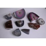 A collection of nine Agate geodes and slices, some dyed. H.14 W.8cm. (largest)
