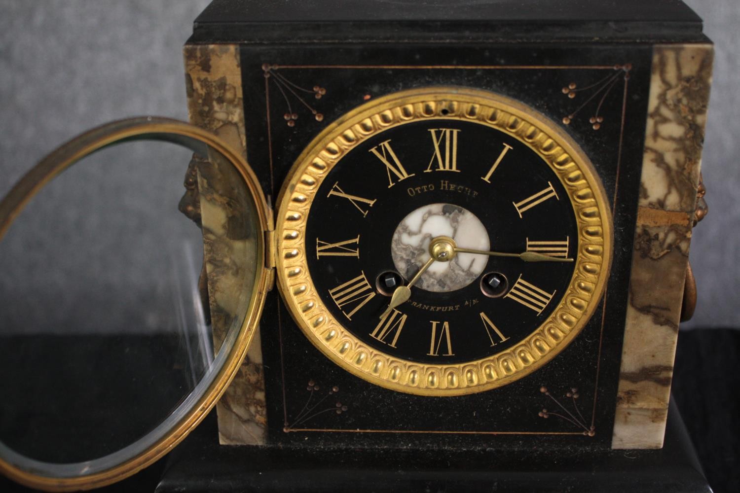 A late 19th century slate and marble mantle clock. Otto Hecht, Frankfurt. H.24 W.24 D.14cm. - Image 6 of 6