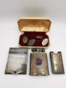 A collection of silver items, including a pair of silver engine turn decorated chain link cufflinks,