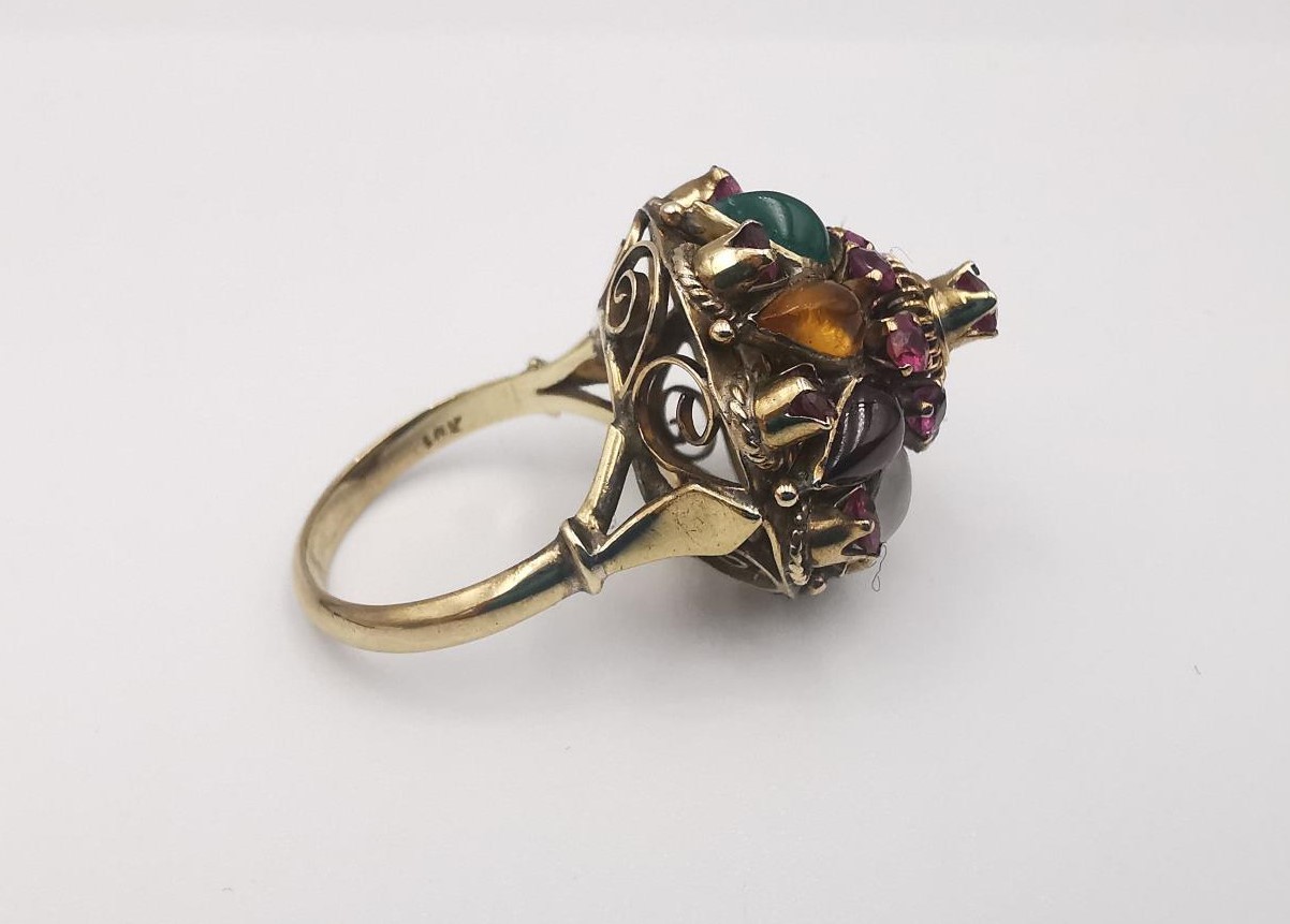 A 14 carat rose gold multi gemstone Harem Thai princess ring. Set with seventeen round mixed cut - Image 6 of 8