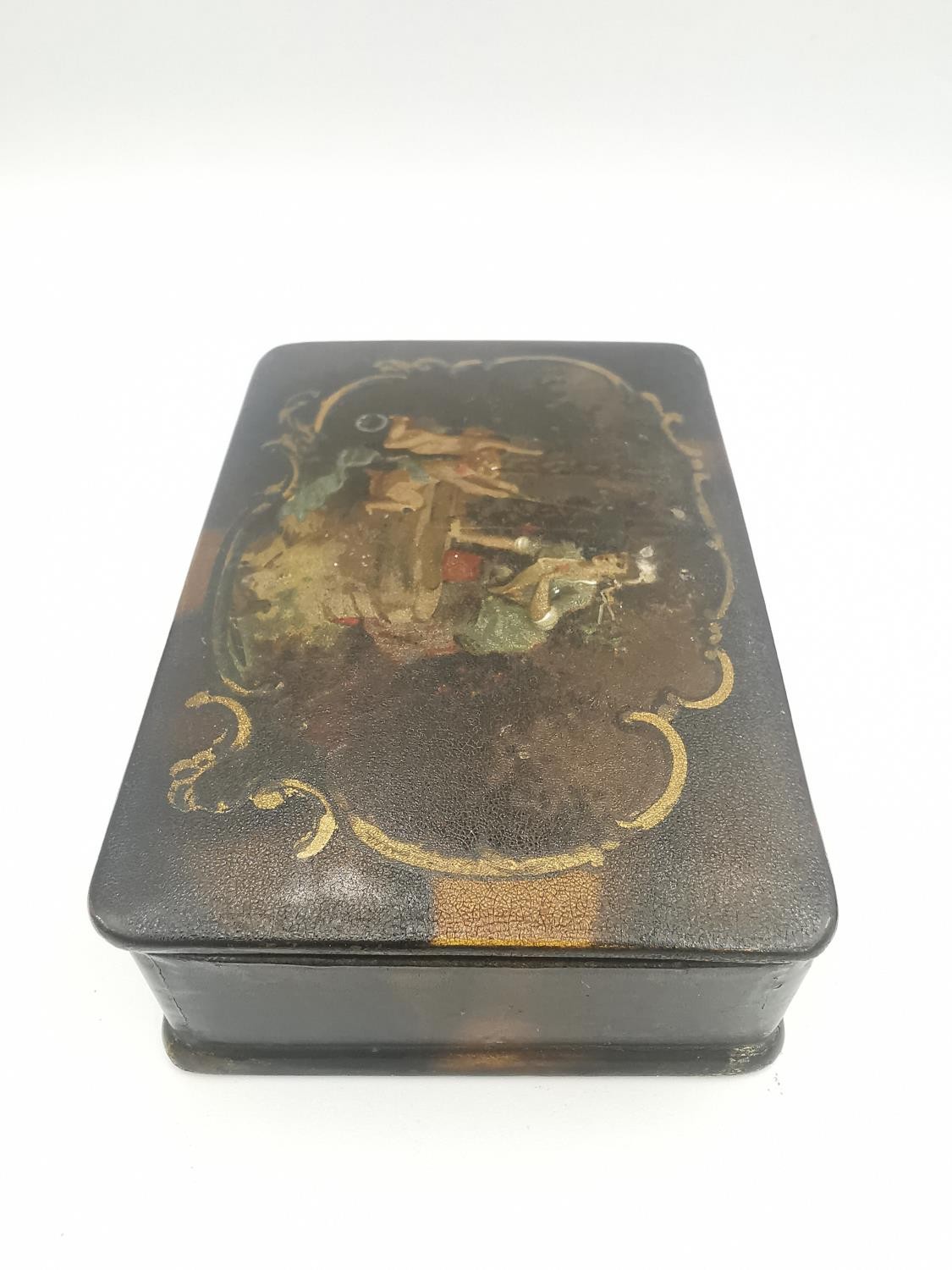 Three 19th century lacquered snuff boxes, one of rectangular form with painted red interior with - Image 6 of 9