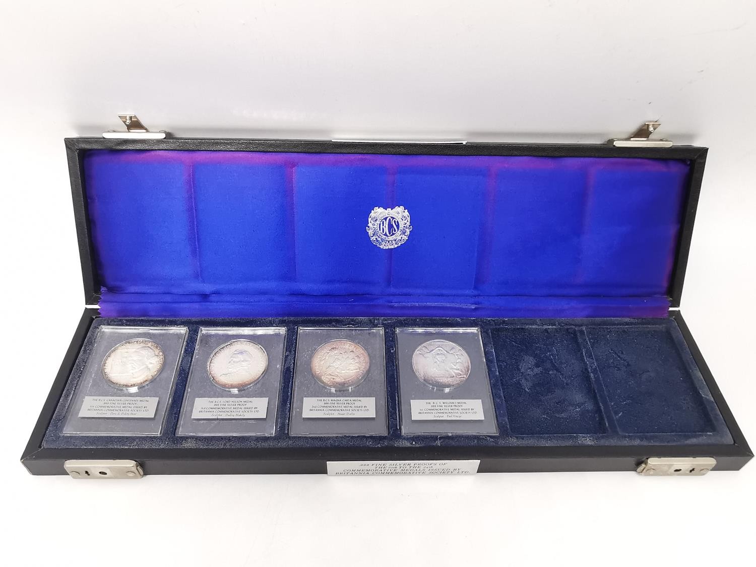 A cased set of four British Commemorative Society, fine silver proof medals. William I, Magna Carta,
